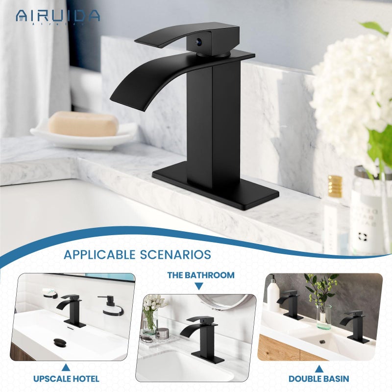 Airuida Matte Black Waterfall Bathroom Faucet, Single Handle Single Hole Bathroom Sink Faucet Deck Mount Mixer Tap with Deck Plate, Rv Lavatory Vanity Washbasin Faucet - Image 3
